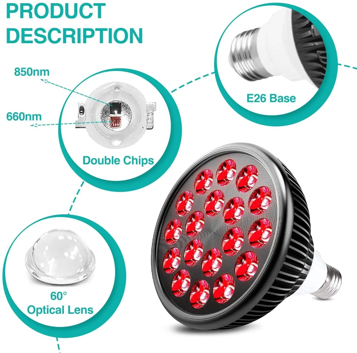 NOOGNEEW Lâmpada LED 54W Infravermelho 660nm 850nm E27 - Imagem 4