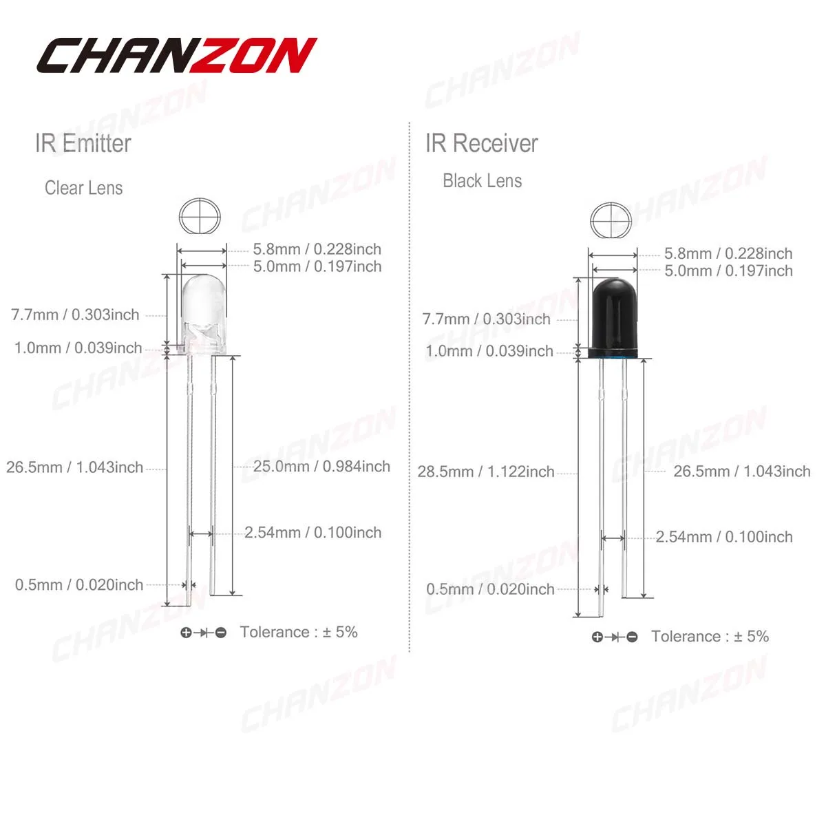 CHANZON Diodo Emissor IR 5mm 850nm 940nm 100 peças - Imagem 2