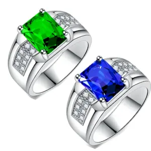 anel masculino cobre banhado a platina zircão verde ajustável