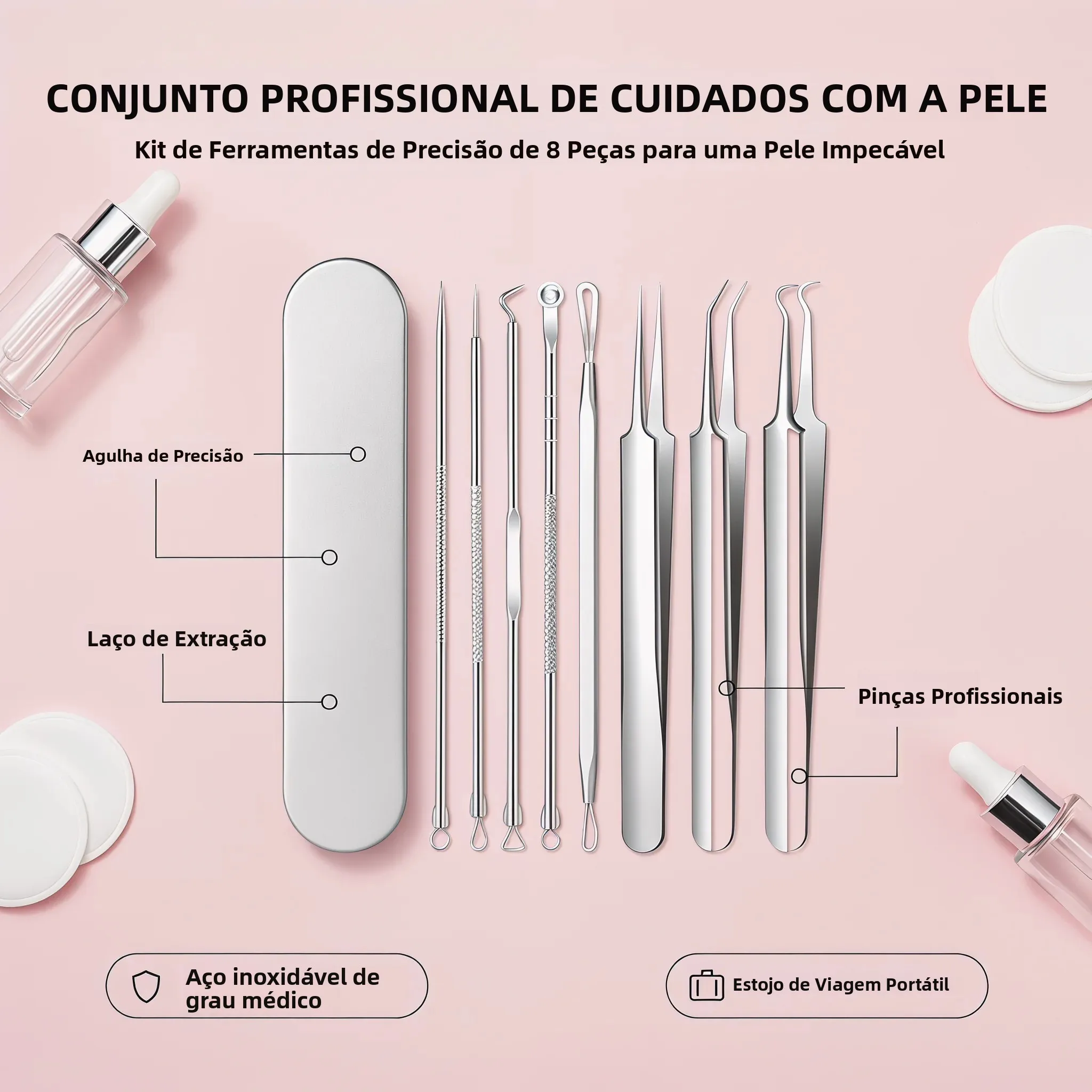 Kit Extrator de Cravos e Espinhas em Aço Inoxidável 8 Peças - Imagem 2