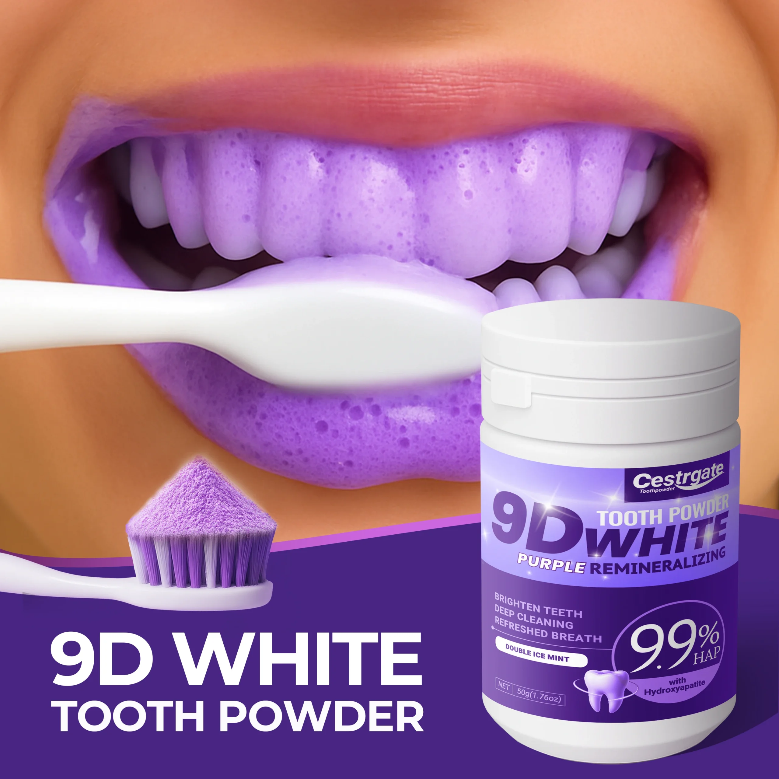 Pó de Limpeza Dental Hidroxiapatita Roxa 9.9%, Branqueamento 9D - Imagem 3