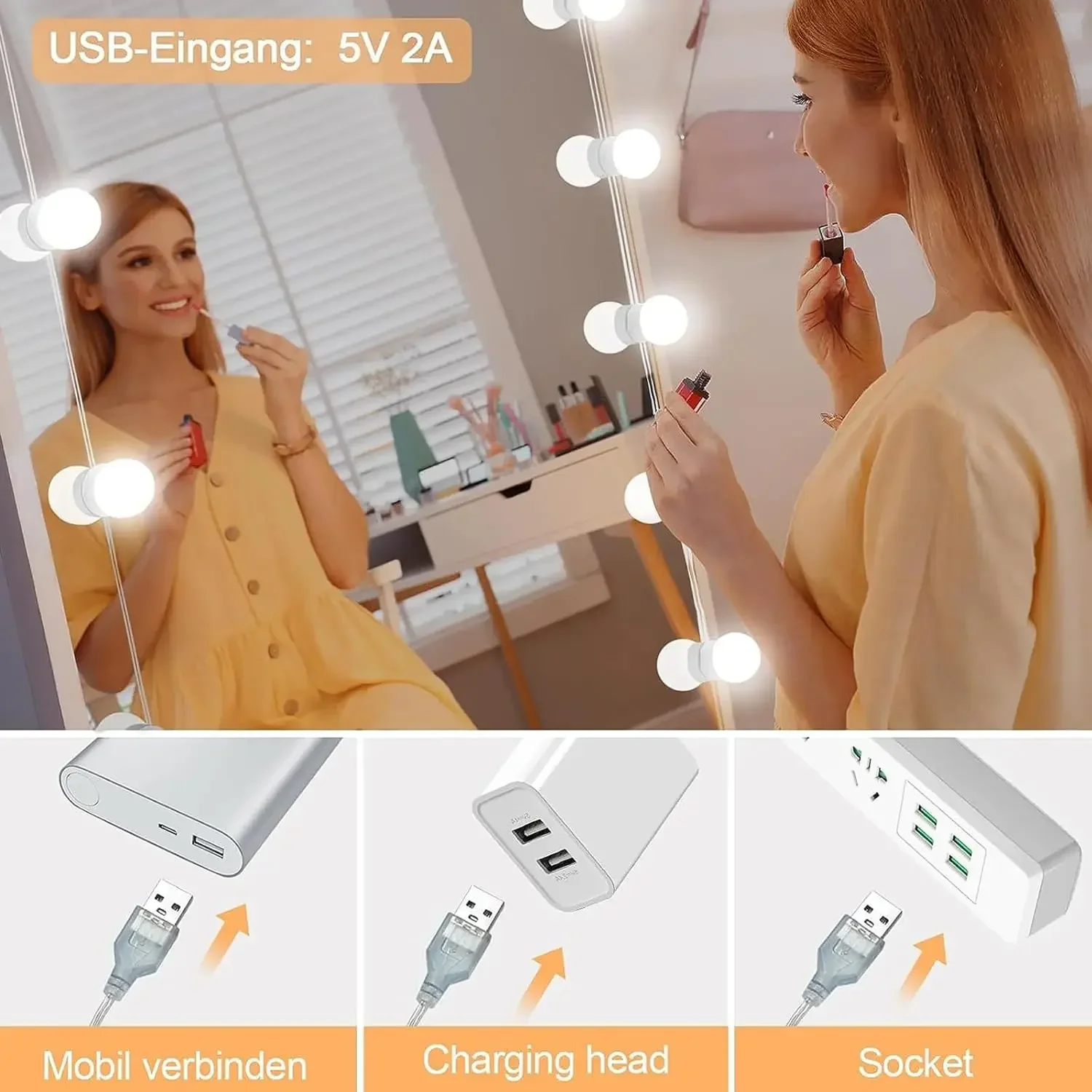 Lâmpadas LED para Espelho de Maquiagem com 3 Cores e USB - Imagem 4