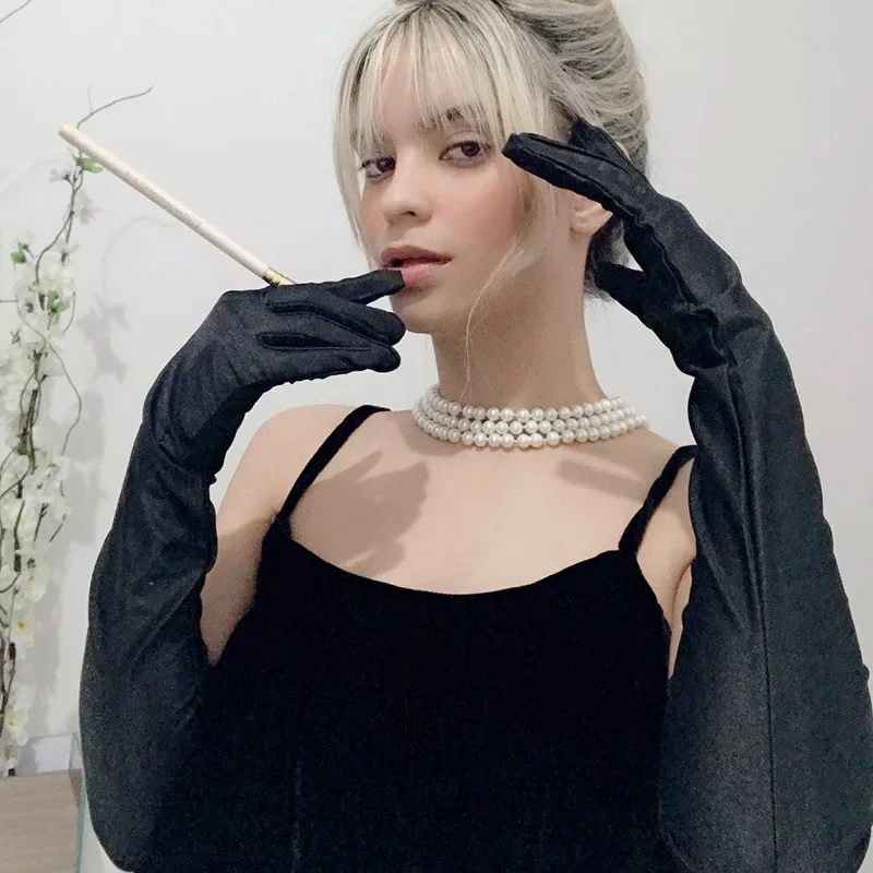Luvas de Cetim Longas Mulheres Clássicas Adulto Preto - Imagem 3