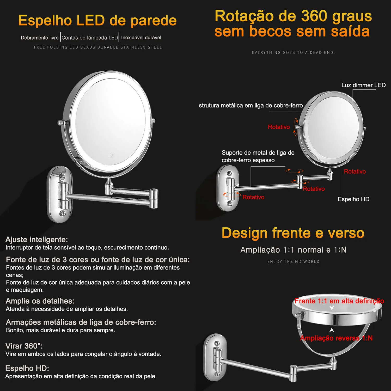 Espelho de Maquiagem Dobrável HD com Luz LED Tricolor USB Branco - Imagem 6