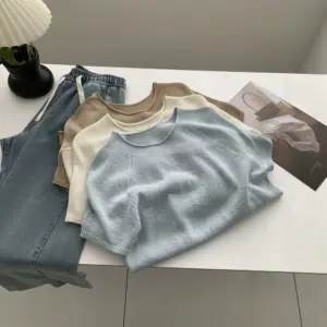 camiseta casual malha sem costura feminina